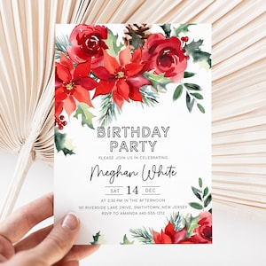 Puede incluir: Una tarjeta de invitación blanca con flores rojas de acuarela y vegetación. El texto dice "Birthday Party" e incluye el nombre "Meghan White", la fecha "Sat 14 Dec", la hora "2:30 PM", la ubicación "101 Riverside Lake Drive, Smithtown, New Jersey", y la información de RSVP "RSVP to Amanda 640-555-1212".