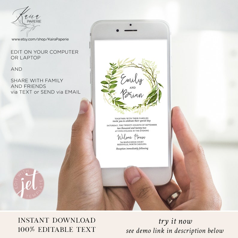 EMILY Greenery Wedding Invitation Template Set, Forest Leaf Wedding Invites, Digital image 3