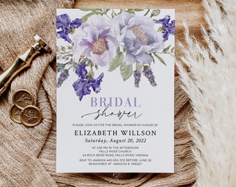 Purple Bridal Shower Invitation Template, Floral Bridal Shower Invite, Lavender Bridal Shower Invite, Editable Printable DIY Invite (Aviana)