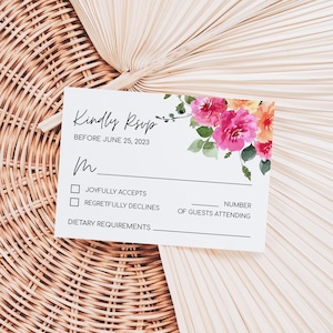 Modèle de carte RSVP floral pêche rose, cartes RSVP florales printemps-été colorées, numérique, SLOAN