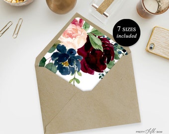 Envelope Liner Template - Instant Download - Burgundy, Floral Invitation, Boho Garden Wedding, Outdoor, DIY Printable - Michelle 03