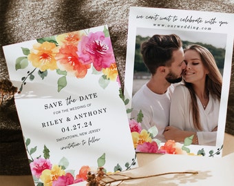 SARAI Peach Pink Yellow Floral Save the Date Invitation Template, Colorful Spring Summer Floral Save our Date Invite with Photo, digital