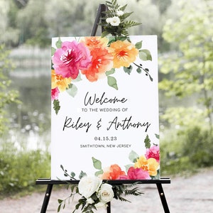 Modello di cartello di benvenuto per matrimonio floreale rosa pesca giallo SARAI, poster di benvenuto floreale estivo colorato e luminoso, digitale