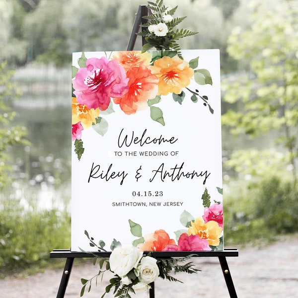 SARAI Peach Pink Yellow Floral Wedding Welcome Sign Template, COLORFUL Summer Bright Floral Welcome Poster, Digital