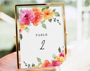 SARAI Orange Pink Floral Table Numbers, Editable Templates, 5x7, 4x6, Spring Floral Colorful Table Numbers, Instant Download
