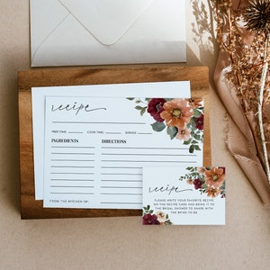 Cartão de receita NIA e inserção de solicitação de receita, cartão de receita floral moderno, laranja terracota bordô, cartão de inserção editável para chá de panela de bebê faça você mesmo
