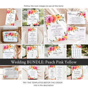 SARAI Peach Pink Gelb Floral Hochzeit Bundle, printable bunte Frühling Sommer Blumen Hochzeit Einladungen + Dekoration Set, digital