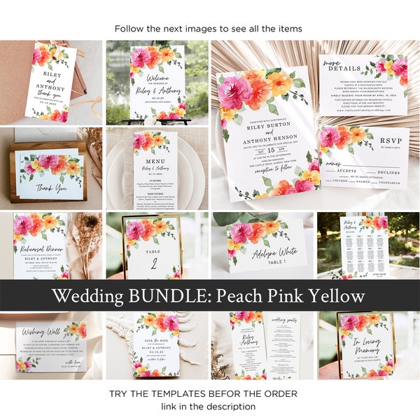 SARAI Peach Pink Yellow Floral Wedding Bundle, Printable Colorful Spring Summer Floral Wedding Invitations + Decoration Set, digital