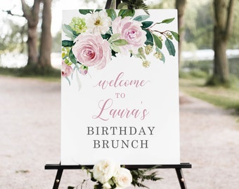 Editable Dusty Rose Birthday Brunch Sign, Welcome Birthday Brunch Sign, Floral Women Birthday Shower Decoration, Instant Download, Bella