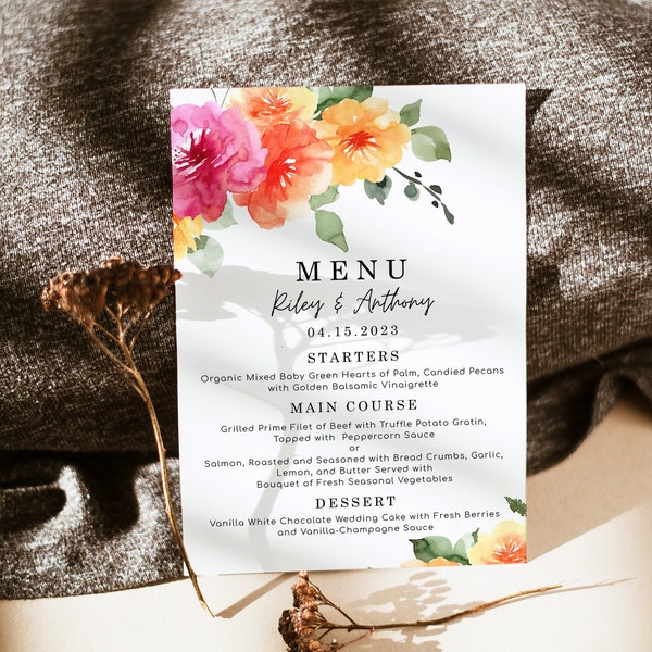 SARAI Orange Pink Menu Template, Spring Floral Colorful menu, Wedding dinner party menu, Table decor,Digital Menu Card, 5x7, 8x10