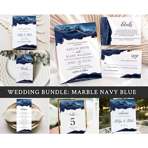 Marble Wedding Invitation Template Bundle, Printable Blue Invitation Suite, Wedding Decor, Blue and Rose Gold Agate colors (Adelyn) digital