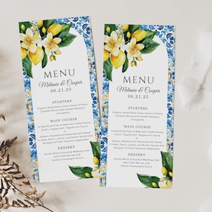 Modèle de menu bleu jaune, menu floral d'été aux agrumes, menu de dîner de mariage, décoration de table, carte de menu numérique citron méditerranéen, Calista
