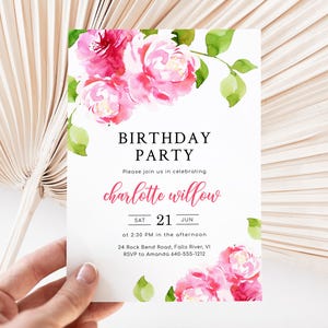 Pink Floral Fushia Birthday Party Invitation,  Hot Pink Spring Summer Floral Celebration Invite, DIY Editable Template, ETTA