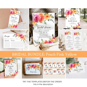 Lot de faire-part de douche nuptiale floral rose pêche, jaune, imprimable, faire-part de mariée floral printemps-été coloré + ensemble de décorations