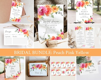 SARAI Peach Pink Yellow Floral Bridal Shower Invitation Bundle, Printable Colorful Spring Summer Floral Bridal Invitation + Decoration Set