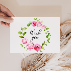 Plantilla de tarjeta de agradecimiento floral rosa fuerte de ETTA, tarjeta de agradecimiento de despedida de soltera floral rosa chicle de rubor brillante, digital