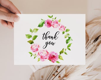 Floral Thank You Card Template: Hot Pink Bridal Shower (Editable, Digital Download