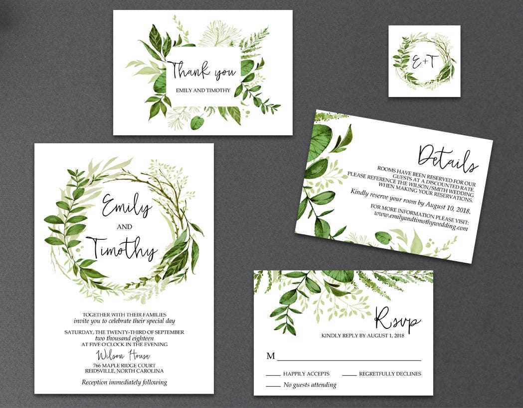 Editable Greenery Wedding Invitation Templates, Printable Garden Foli…