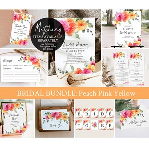 May include: A bridal shower bundle with peach, pink, and yellow floral designs. The bundle includes a welcome sign, invitation, menu, recipe card, thank you card, table number card, and a bride to be banner.