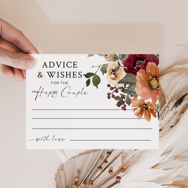 NIA Orange Terracota Burgundy Floral Advice & Wishes card Template, Fall Autumn Floral Shower advice cards