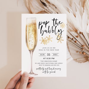 Pop the Bubbly Invitation, New Years Eve Party Invitation, Gold Champagne, Cheers Party, Digital Download, EVERLY