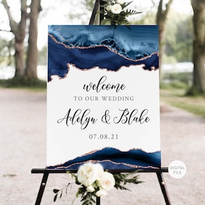 Navy Wedding Welcome Sign Template,  Marble Wedding Decorations, Blue and Rose Gold, digital, Editable PDF, Adelyn