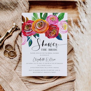 Faire-part de la mariée coloré, modèle d'invitation de douche nuptiale floral lumineux d'été, acrylique, violet, rouge, rose, orange (Yvonne)