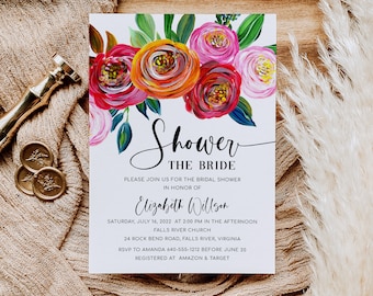 Colorful Shower the Bride Invitation, Summer Bright Floral Bridal Shower Invitation Template, Acrylic, purple, red, pink, orange (Yvonne)