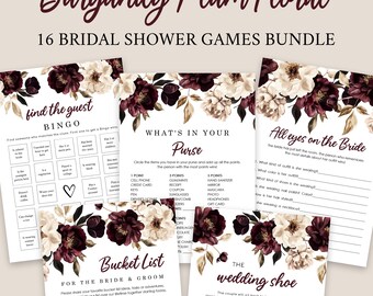 Burgundy Plum Floral Brautdusche Spiele Bundle, 16 Spiele Set (Digitaler Download)