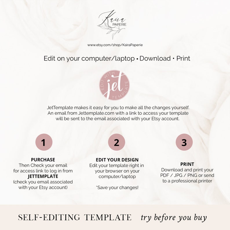 May include: A pink and white graphic with the text "Edit on your computer/laptop. Download. Print" and three steps to edit a template: Purchase, Edit Your Design, and Print. The graphic also includes the text "Self-Editing Template" and "Try Before You Buy".