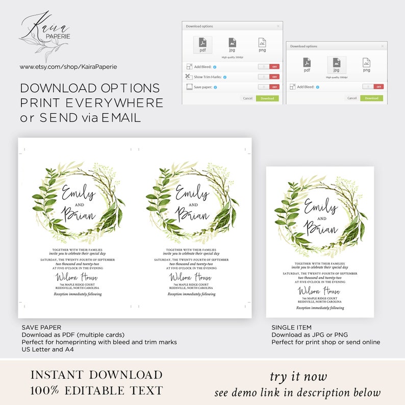 EMILY Greenery Wedding Invitation Template Set, Forest Leaf Wedding Invites, Digital image 4