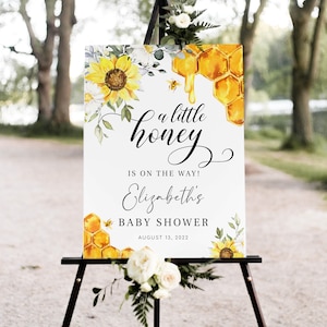 Honey Bee Baby Shower Welcome Sign Template, Fall Orange Decorations, A Little Honey Baby Shower, Sunflower, Editable PDF, Mia