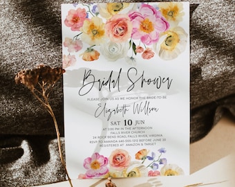 KAIA Bright Flirty Floral Bridal Shower Invitation Template, Colorful Spring Summer Floral Bridal Shower Invites, Peach Pink Yellow, Digital