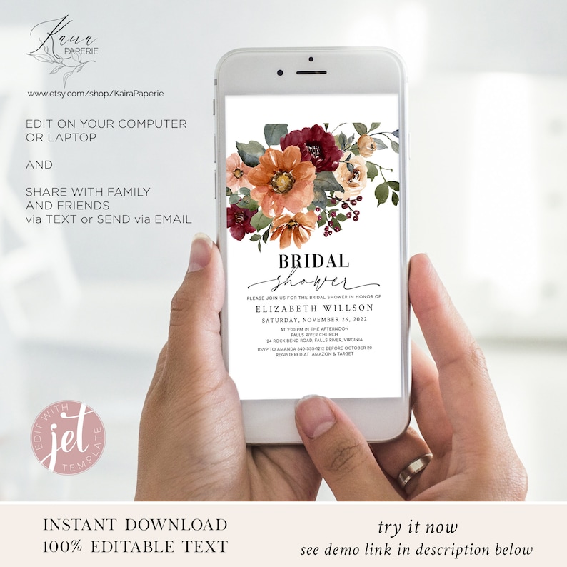 K&ouml;nnte beinhalten: Eine digitale Einladung zu einer Brautparty mit einem Aquarell-Blumendesign in Rot-, Orange- und Cremet&ouml;nen. Der Text lautet "Bridal Shower" und enth&auml;lt den Namen der Braut, Datum, Uhrzeit und Ort. Die Einladung wird auf einem Smartphone-Bildschirm angezeigt.