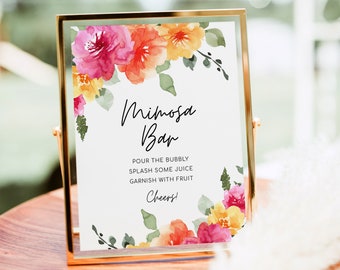 SARAI Mimosa Bar Sign, Modern Floral Mimosa Bar Sign, Wedding Mimosa Bar Sign, Peach Pink Yellow, Editable Baby Bridal Shower DIY