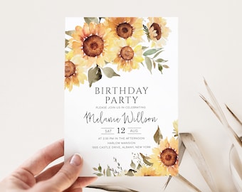 Sunflower Birthday Party Invitation, Rustic Yellow Summer Fall Flowers Celebration Invite, DIY Editable Template, KENNEDY