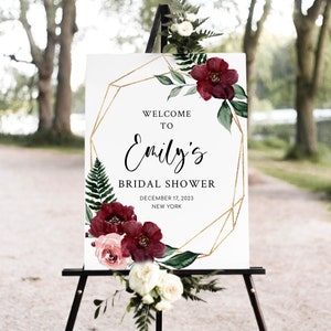Burgundy Bridal Shower Welcome Sign, Red Floral Bridal Shower Decor, Editable Poster Sign, Digital Template (Frances)