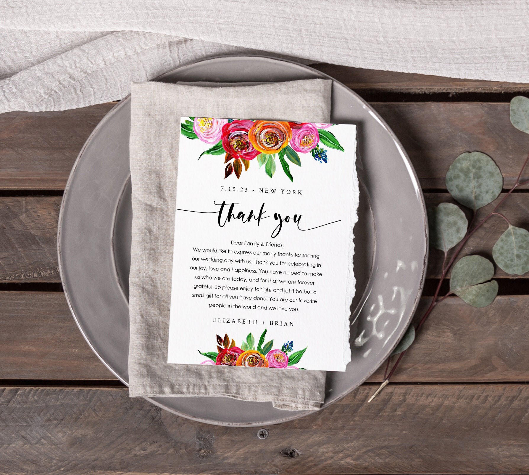 Floral Wedding Thank You Note Card Template (digital Download) - Etsy