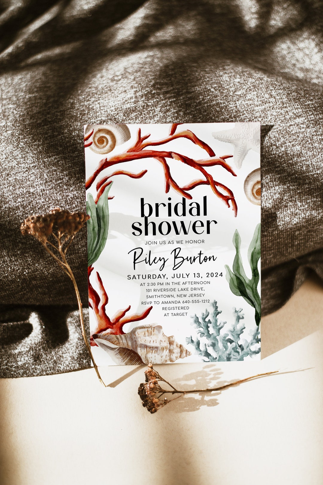 Beach Bridal Dusche Einladungsset – 25 Karten + Umschläge, Nautisches Design Mit Korallen & Muscheln