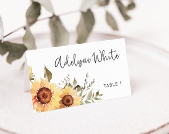 KENNEDY Yellow Floral Place card Template (Flat and Fold), Sunflowers Summer Bridal Shower Escort card, Wedding Name card, digital