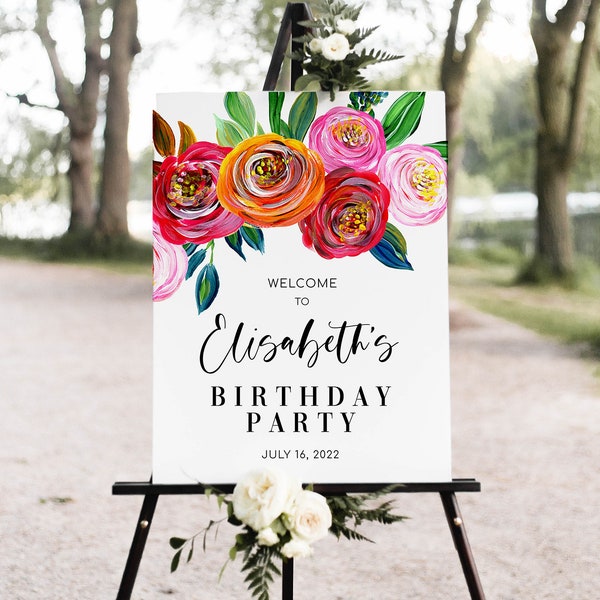 Colorful Bright Floral Birthday Party Welcome Sign Template, Summer Acrylic Celebration Poster, purple, red, pink, orange colors (Yvonne)