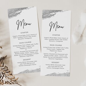 Szablon menu noworocznego, srebrne menu świąteczne, wystrój sylwestrowy, menu noworoczne, cyfrowa karta menu, Caitlin
