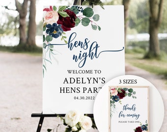 Hens Party Welcome Sign, Hen Party Welcome Sign, Hens Night Welcome Sign, Burgundy Navy Floral Bridal Shower Welcome Sign, Instant Download