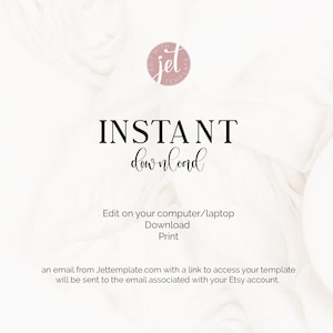 Puede incluir: Fondo blanco con un c&iacute;rculo rosa que contiene el texto "EDIT WITH JET TEMPLATE". El texto "INSTANT download" est&aacute; en negro. Debajo del texto hay una lista de instrucciones: "Edit on your computer/laptop, Download, Print". El texto "an email from Jettemplate.com with a link to access your template will be sent to the email associated with your Etsy account." est&aacute; en negro.