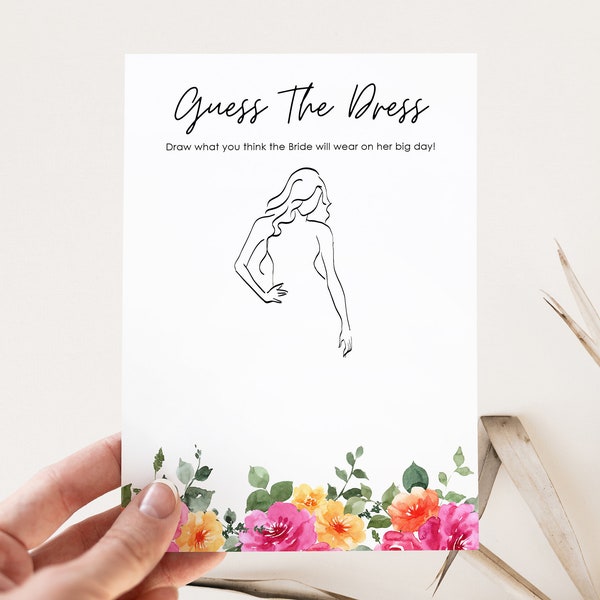 Printable Guess The Dress Game (NOT Editable) SARAI Peach Pink Yellow Floral Bridal Game card, Colorful Spring Summer Floral Shower cards