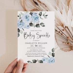 SUTTON Baby Sprinkle Invitation, Winter Floral Baby Shower Invitation, Blue Baby Shower, Digital image 2