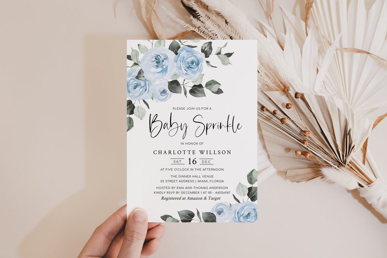 SUTTON Baby Sprinkle Invitation, Winter Floral Baby Shower Invitation, Blue Baby Shower, Digital image 2