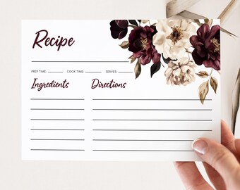 BURGUNDY Floral Recipe card Template, Purple Floral card, Plum Fall Winter Floral Recipe cards, Digital download