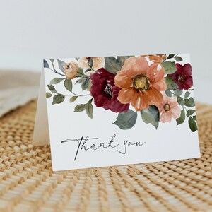 Modèle de carte de remerciement floral NIA orange terre cuite bordeaux, carte de remerciement floral automne automne pour la douche nuptiale