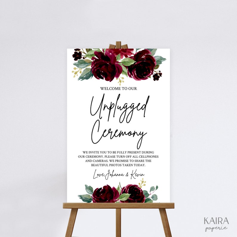 Sign Template Instant Download Johanne Burgundy Garden Editable PDF Merlot Florals Boho Wedding Unplugged Ceremony
